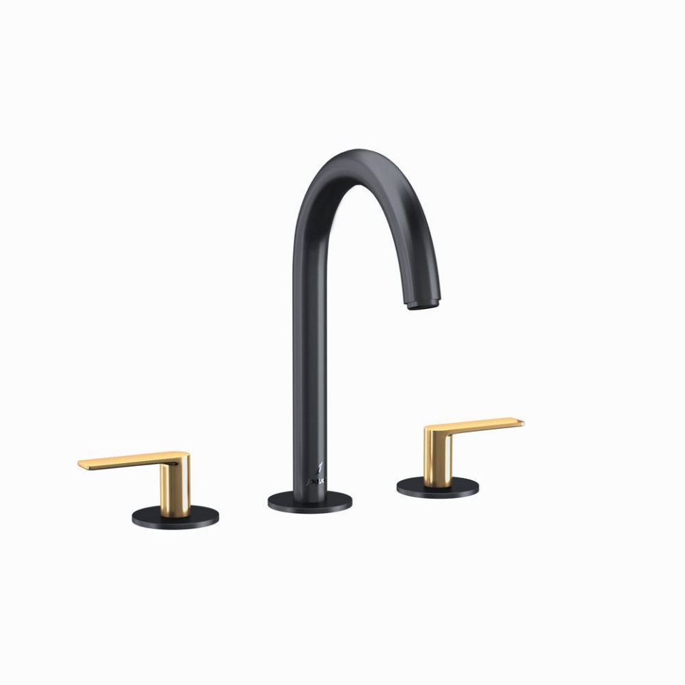 Picture of 3-Hole Basin Mixer with Pipe Spout - Lever: Gold Matt PVD | Body: Black Matt